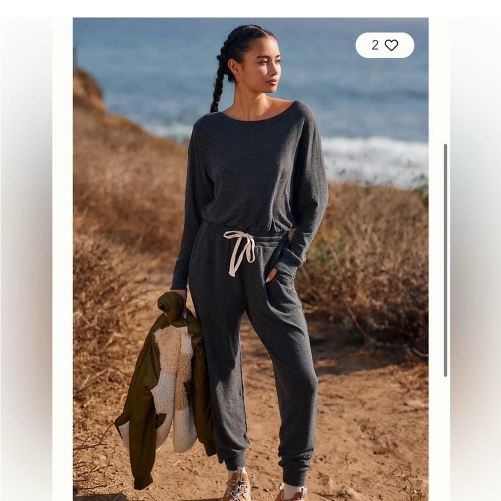Spiritual Gangster Vida Off Shoulder Sherpa Jumpsuit in charcoal grey medium